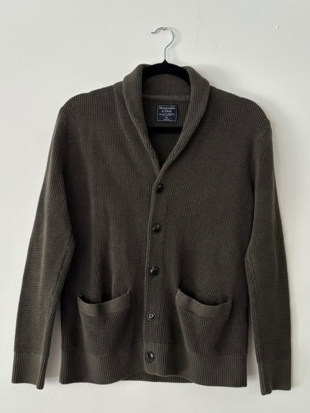 Abercrombie & Fitch Mens XS Olive Gray Waffle Knit Shawl Collar Cardigan Sweater